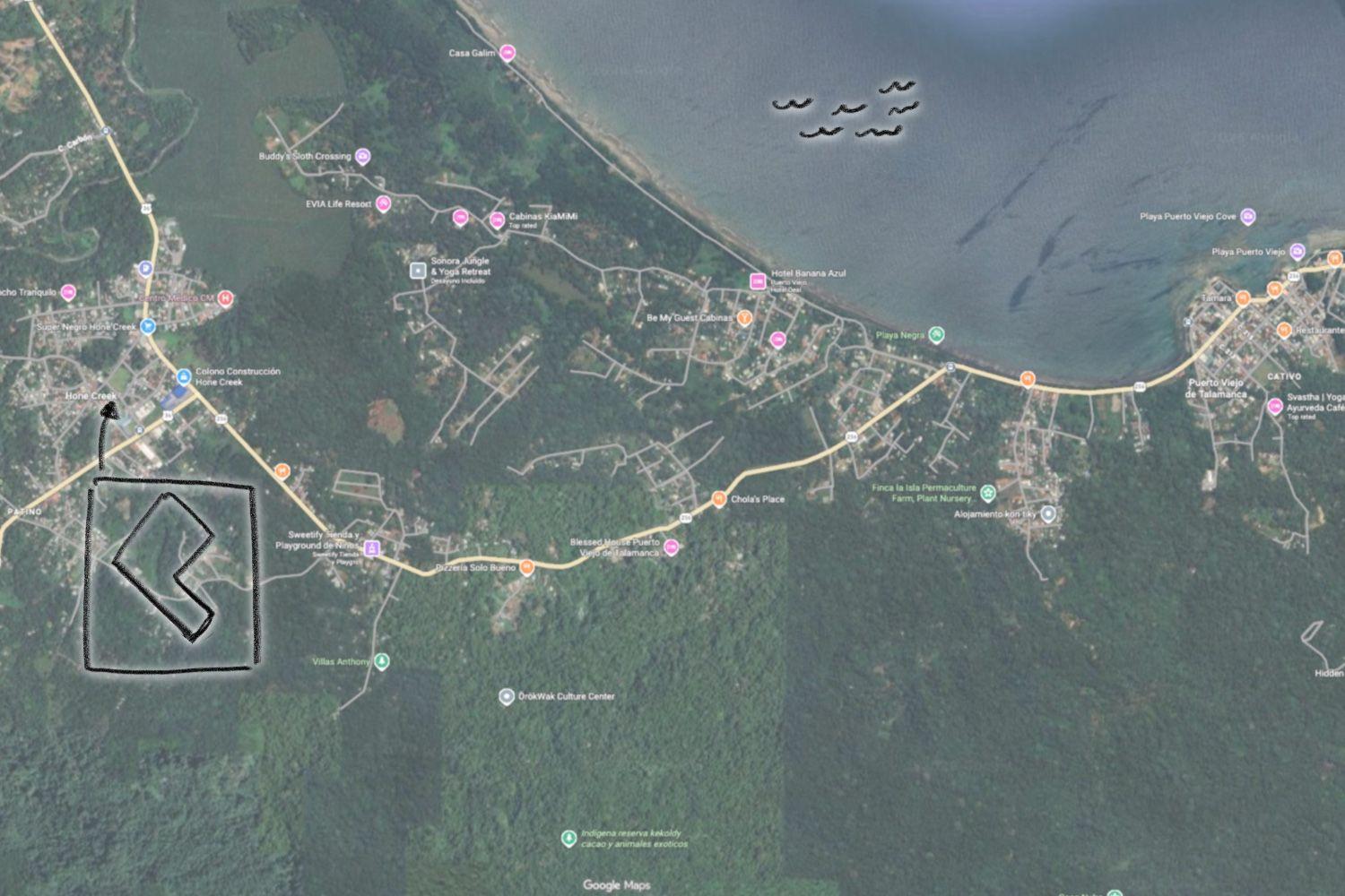 Mapa del Caribe Sur de Costa Rica mostrando las rutas principales hacia Sixaola y Puerto Viejo.
