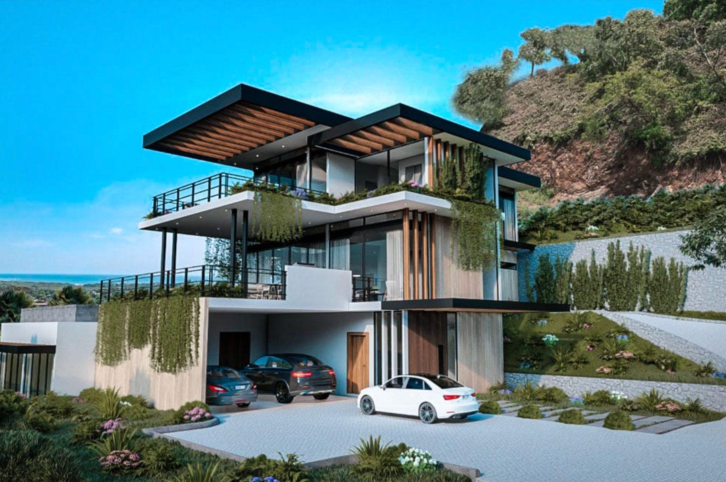 Fachada frontal de una moderna casa de lujo de cuatro niveles con sótano.